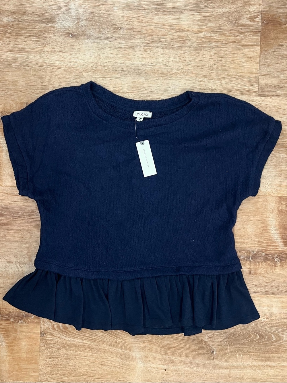 NWT Pilcro by Anthropologie Navy Peplum Textured Short Sleeve Top